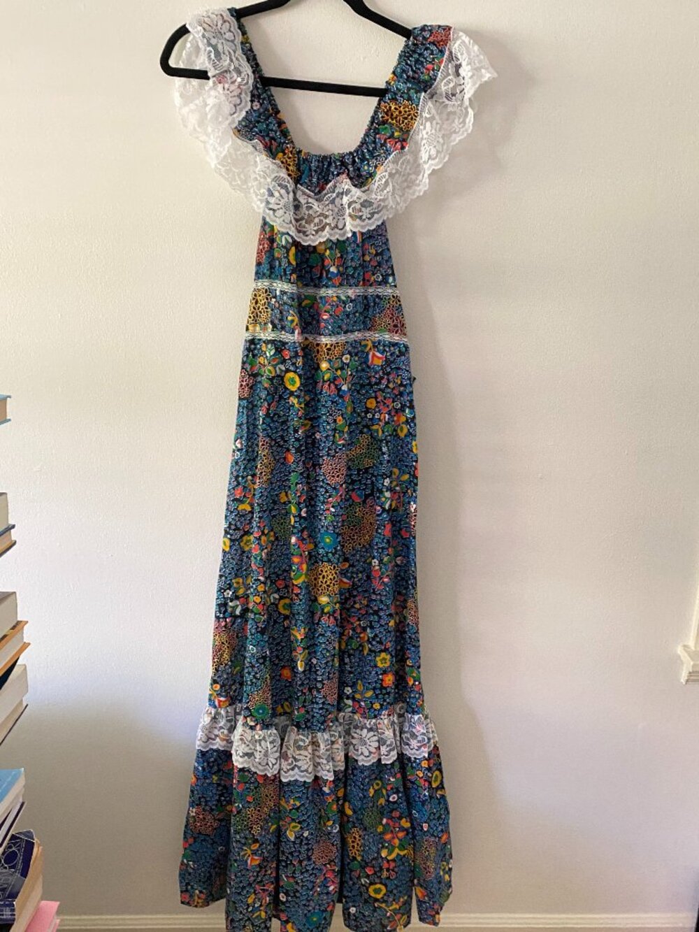 Rare Vintage 1970s Floral Lace Maxi Prairie Boho Milkmaid Dress JC Penny